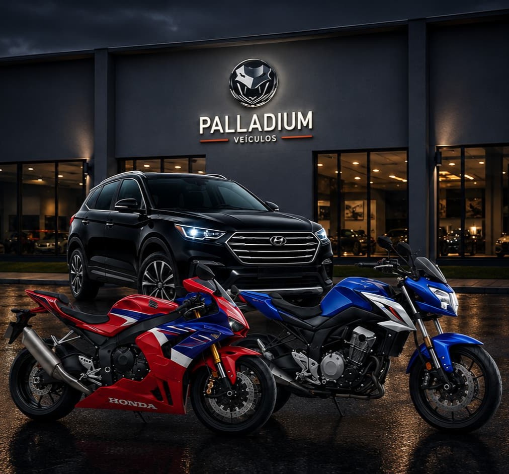 SUV Hyundai preta e motos esportivas em frente à loja Palladium Veículos